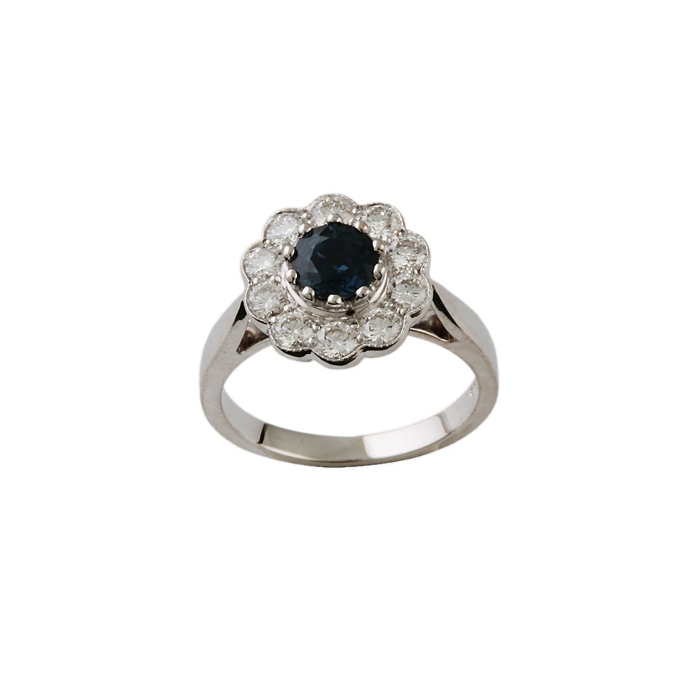 White Gold 0.71ct Round Diamond and 1.24ct Round Blue Sapphire Set Cluster Ring