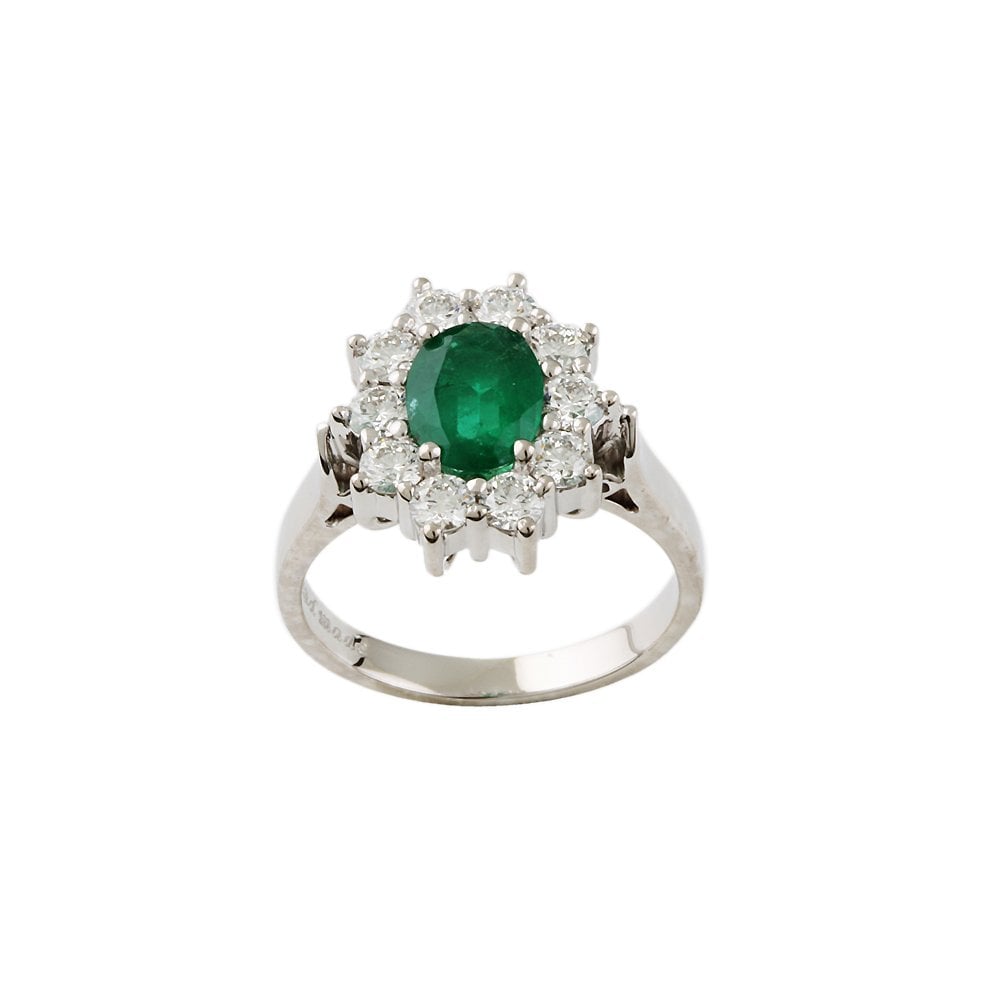 Yellow and White Gold 0.92ct Round Diamond and 0.98ct Oval Emerald Set Cluster Ring