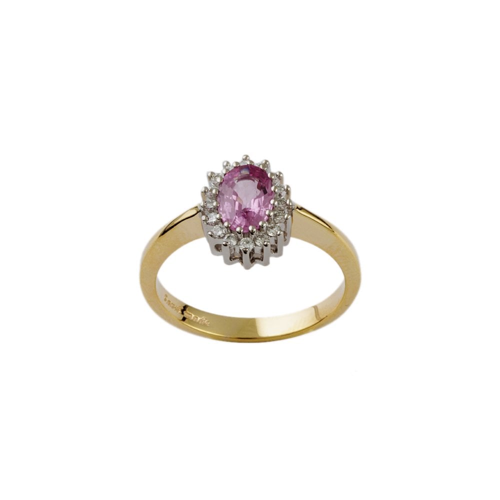 Yellow and White Gold 0.16ct Round Diamond and 0.90ct Oval Pink Sapphire Set Cluster Ring