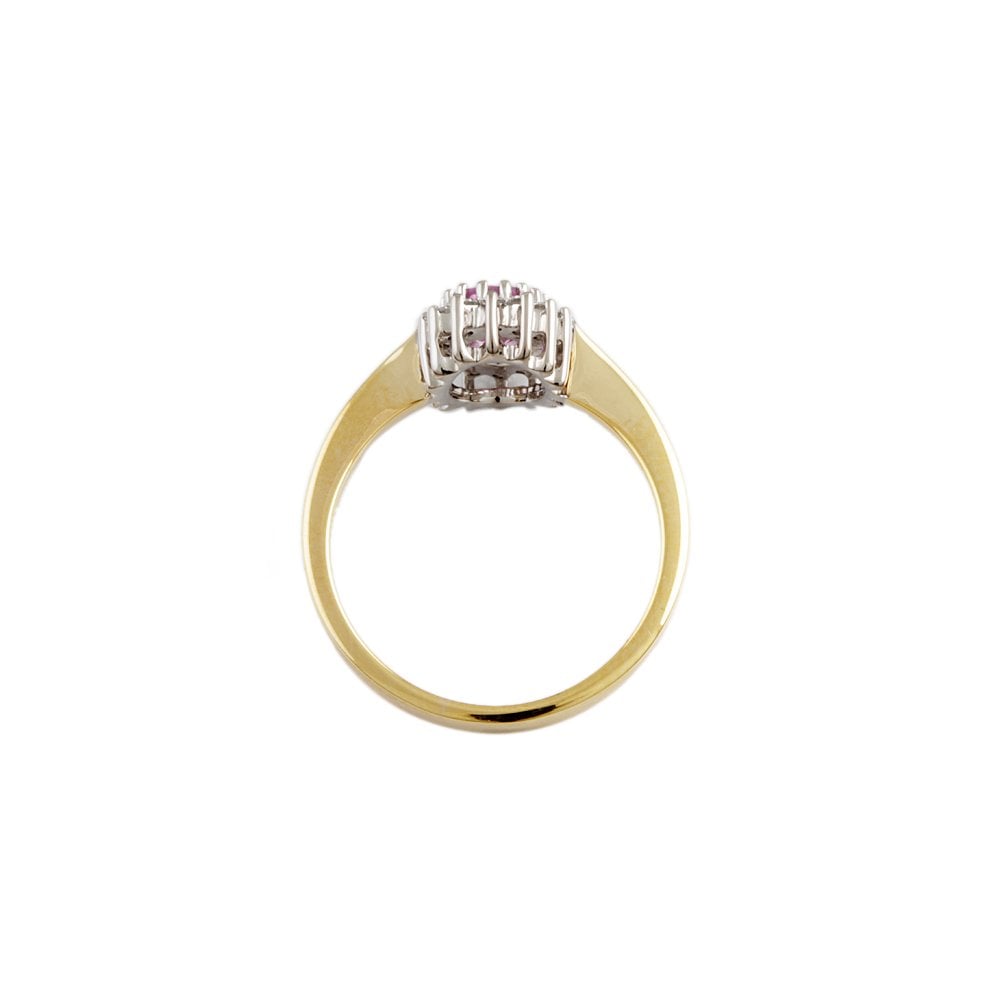 Yellow and White Gold 0.16ct Round Diamond and 0.90ct Oval Pink Sapphire Set Cluster Ring