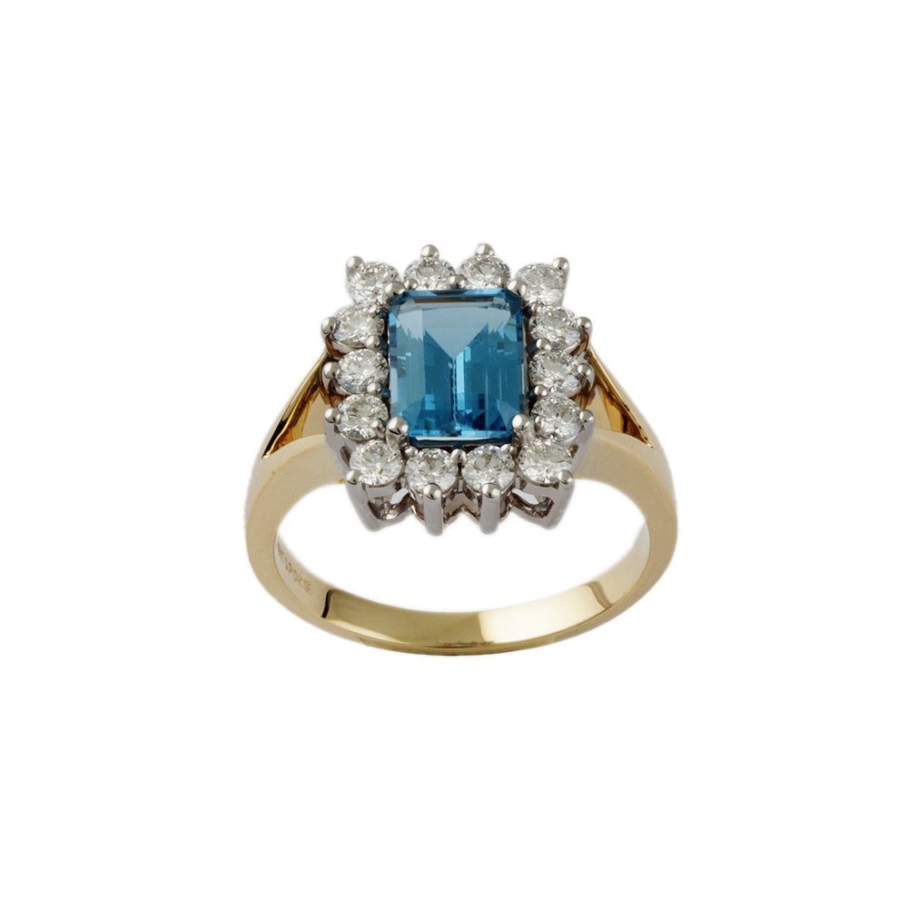 Yellow and White Gold 0.75ct Round Diamond and 2.00ct Emerald Shaped Blue Topaz Set Cluster Ring