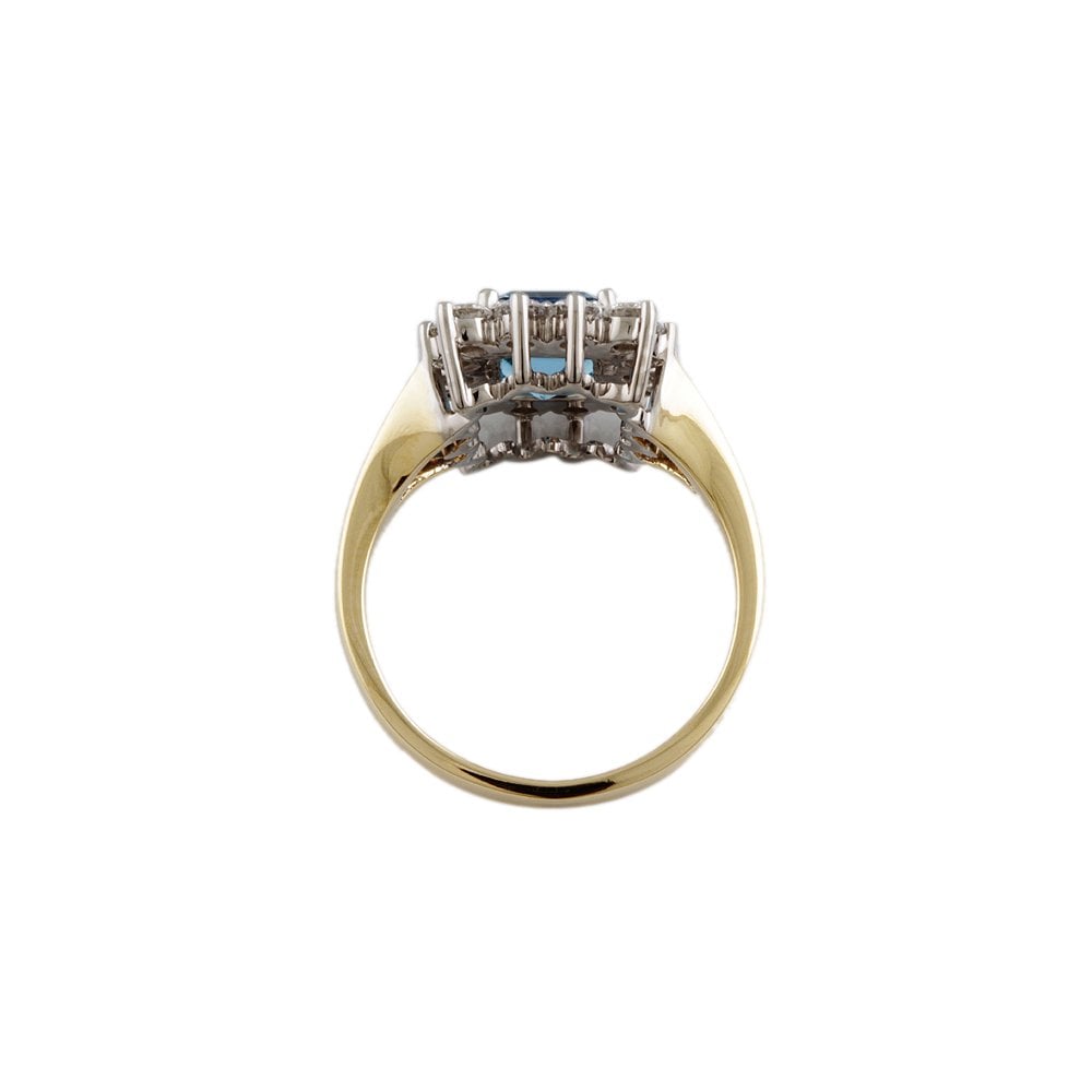 Yellow and White Gold 0.75ct Round Diamond and 2.00ct Emerald Shaped Blue Topaz Set Cluster Ring