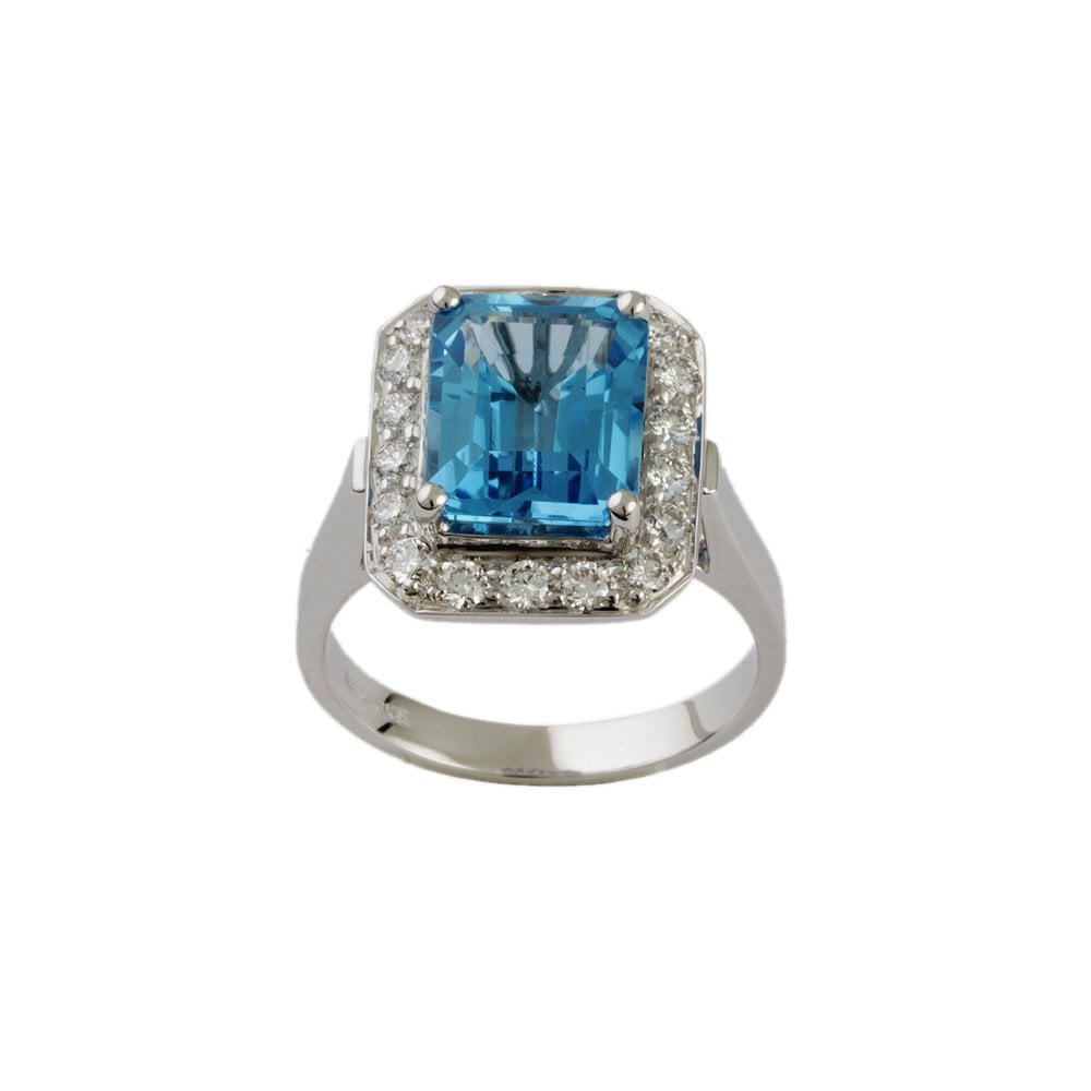 White Gold 0.54ct Round Diamond and 5.02ct Emerald Shaped Swiss Blue Topaz Set Cluster Ring