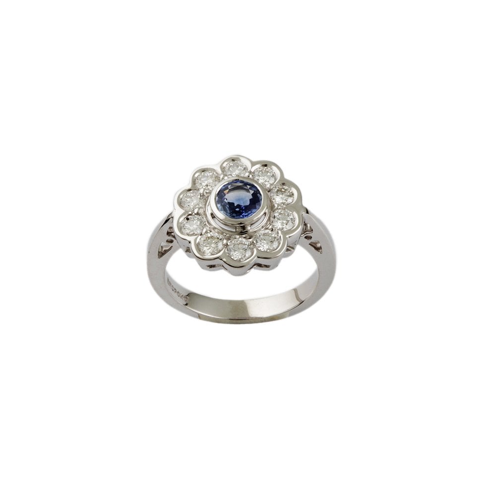 White Gold 0.63ct Round Diamond and 0.60ct Round Blue Sapphire Set Cluster Ring