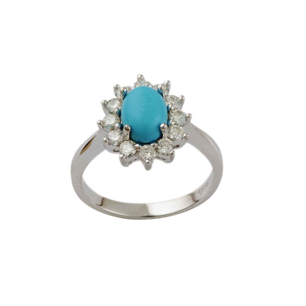 White Gold 0.57ct Round Diamond and 1.40ct Oval Turquoise Set Cluster Ring