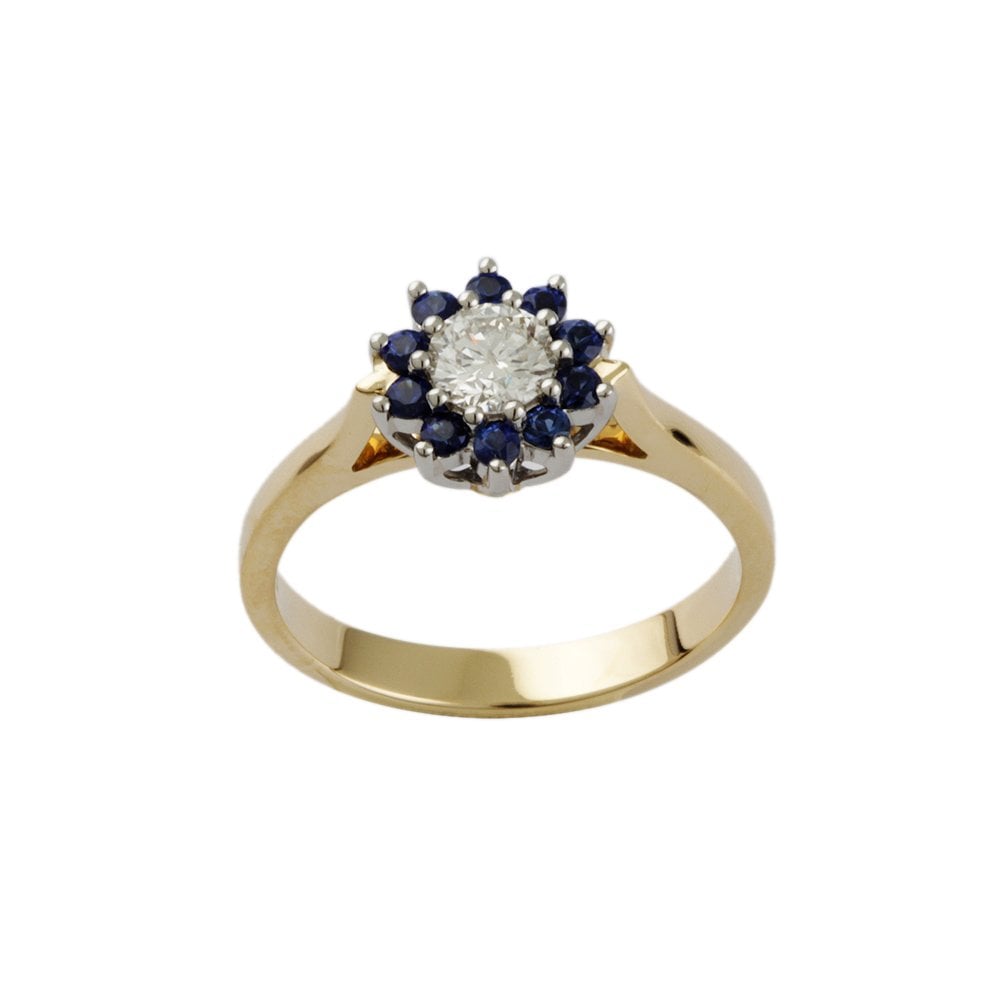 Yellow and White Gold 0.37ct Round Diamond and 0.28ct Round Blue Sapphire Set Cluster Ring