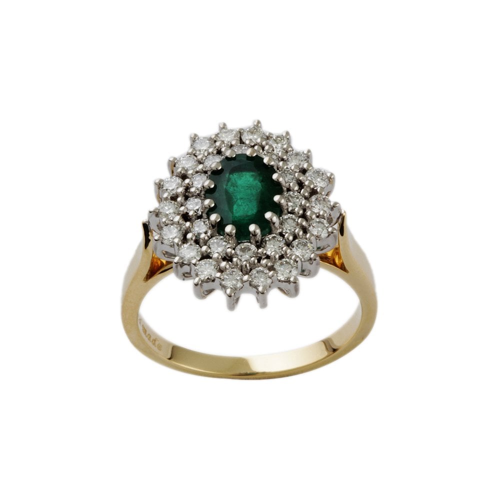 Yellow and White Gold 0.92ct Round Diamond and 1.43ct Oval Emerald Set Cluster Ring