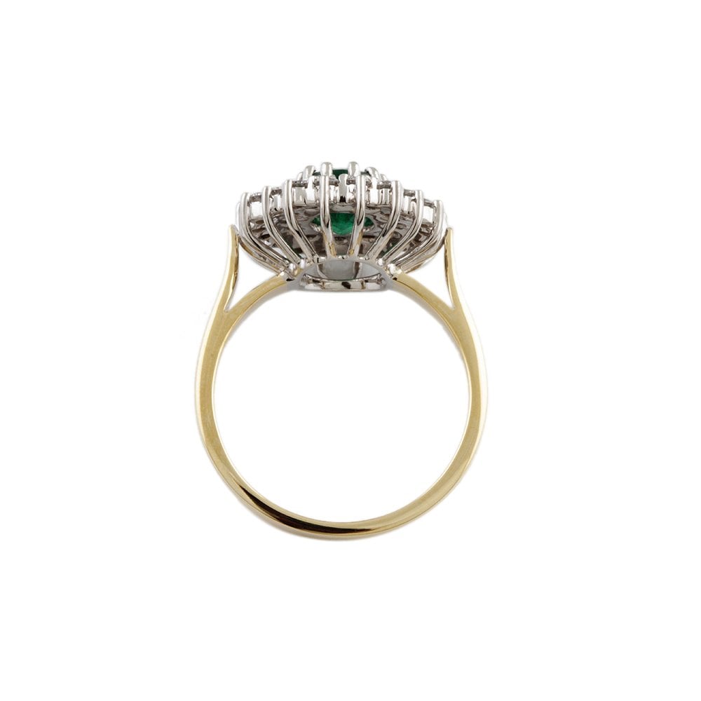 Yellow and White Gold 0.92ct Round Diamond and 1.43ct Oval Emerald Set Cluster Ring