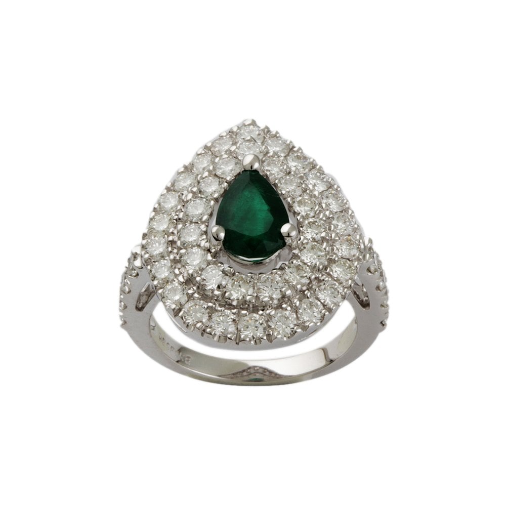 White Gold 1.66ct Round Diamond and 0.92ct Pear Emerald Set Cluster Ring