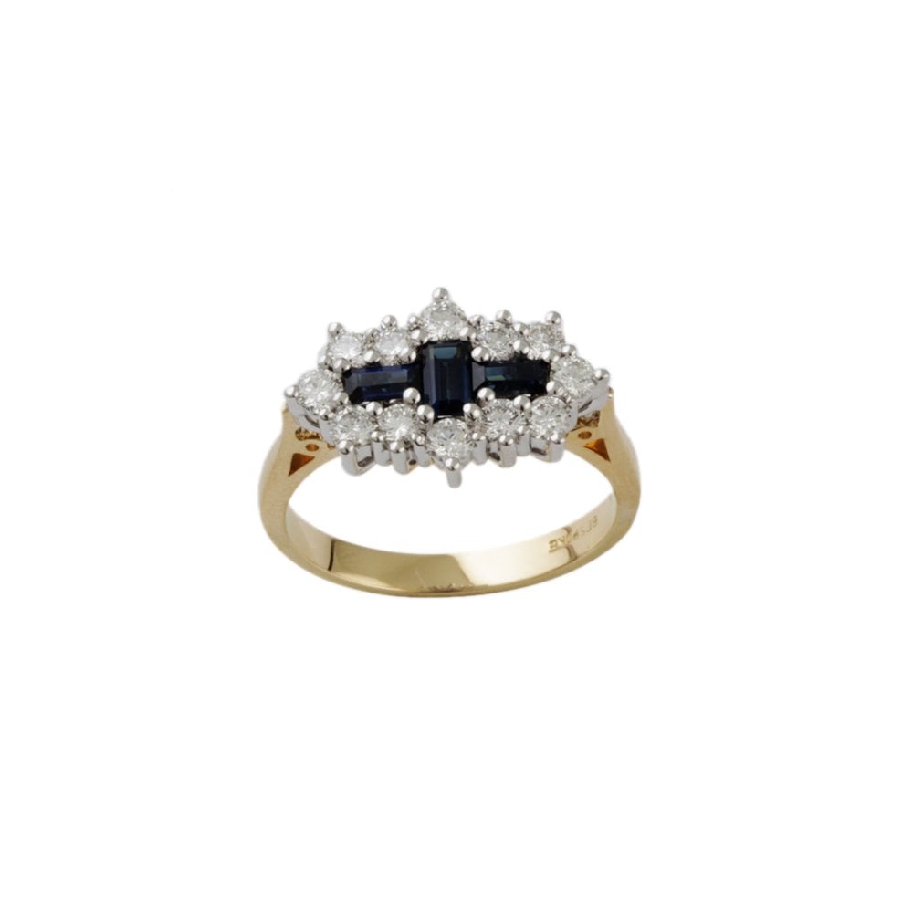 Yellow and White Gold 0.74ct Round Diamond and 0.61ct Baguette Blue Sapphire Set Cluster Ring