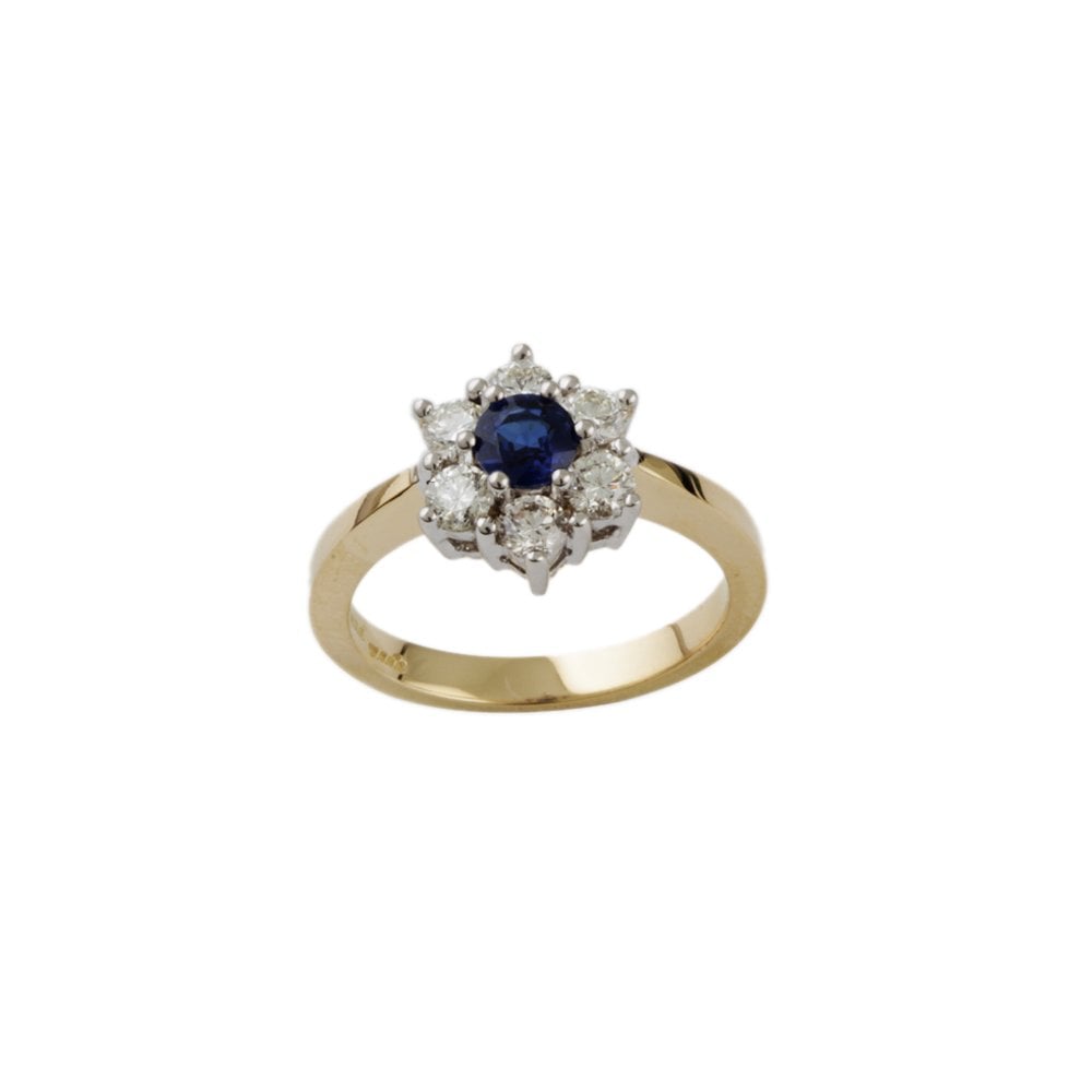 Yellow and White Gold 0.65ct Round Diamond and 0.42 Round Blue Sapphire Set Cluster Ring