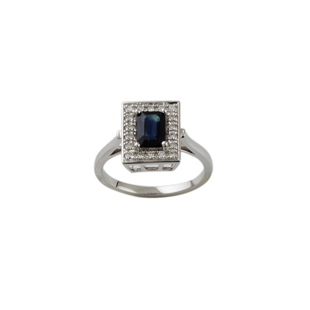 White Gold 0.19ct Round Diamond and 1.20ct Emerald Shaped Blue Sapphire Set Cluster Ring