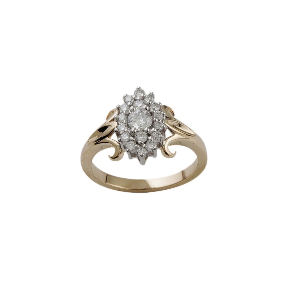 Yellow and White Gold 0.44ct Marquise and Round Diamond Set Cluster Ring