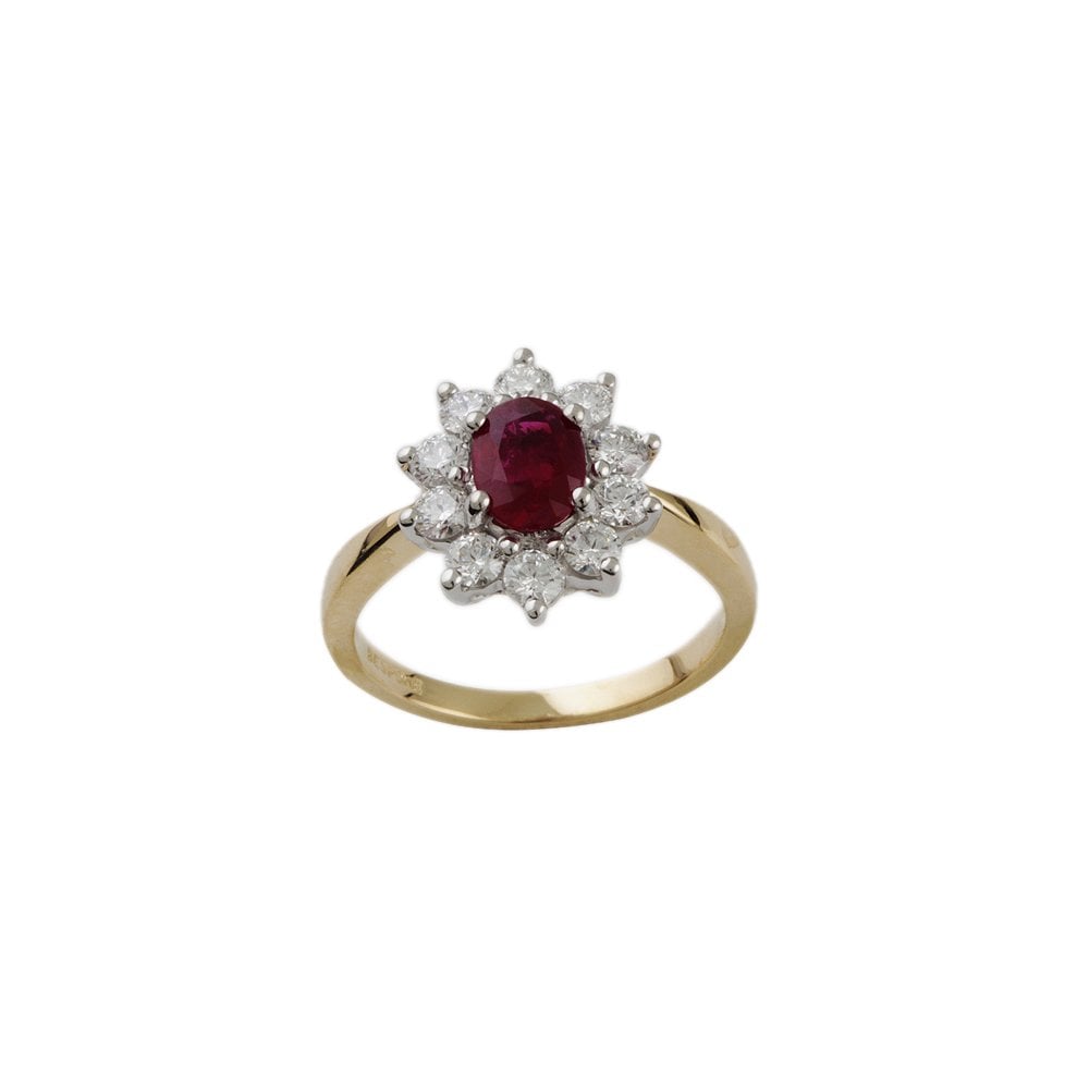 Yellow and White Gold 0.71ct Round Diamond and 0.85ct Oval Ruby Set Cluster Ring