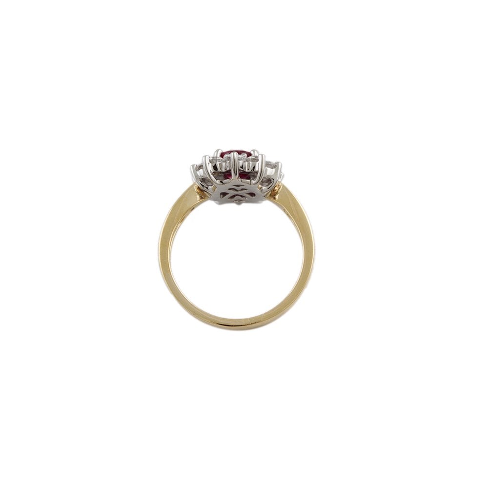 Yellow and White Gold 0.71ct Round Diamond and 0.85ct Oval Ruby Set Cluster Ring