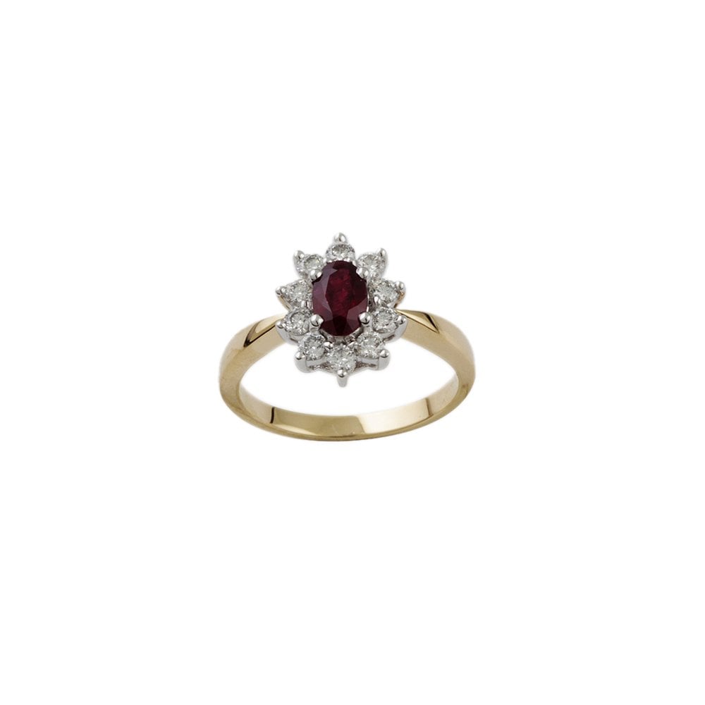 Yellow and White Gold 0.38ct Round Diamond and 0.55ct Oval Ruby Set Cluster Ring