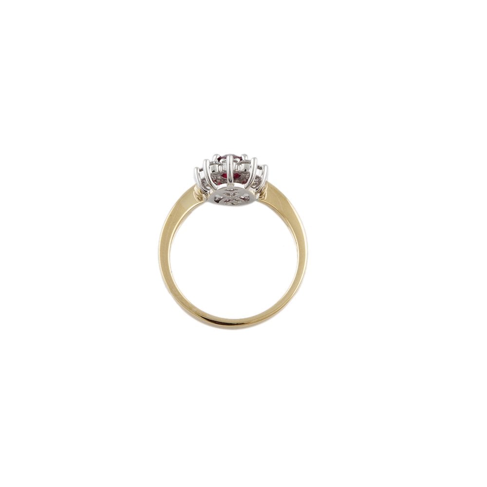 Yellow and White Gold 0.38ct Round Diamond and 0.55ct Oval Ruby Set Cluster Ring