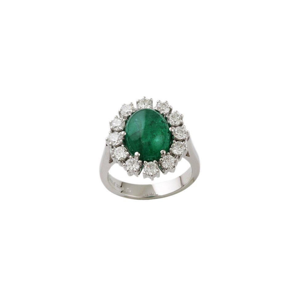 White Gold 1.18ct Round Diamond and 4.21ct Oval Emerald Set Cluster Ring