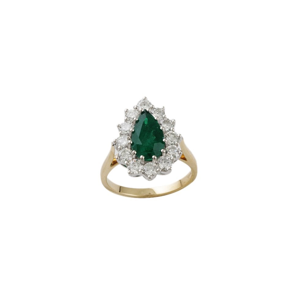 Yellow and White Gold 1.81ct Round Diamond and 2.65ct Pear Emerald Set Cluster Ring