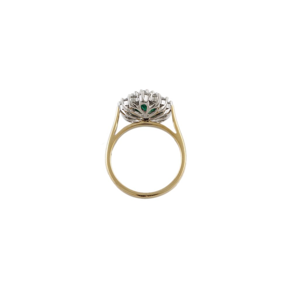 Yellow and White Gold 1.81ct Round Diamond and 2.65ct Pear Emerald Set Cluster Ring