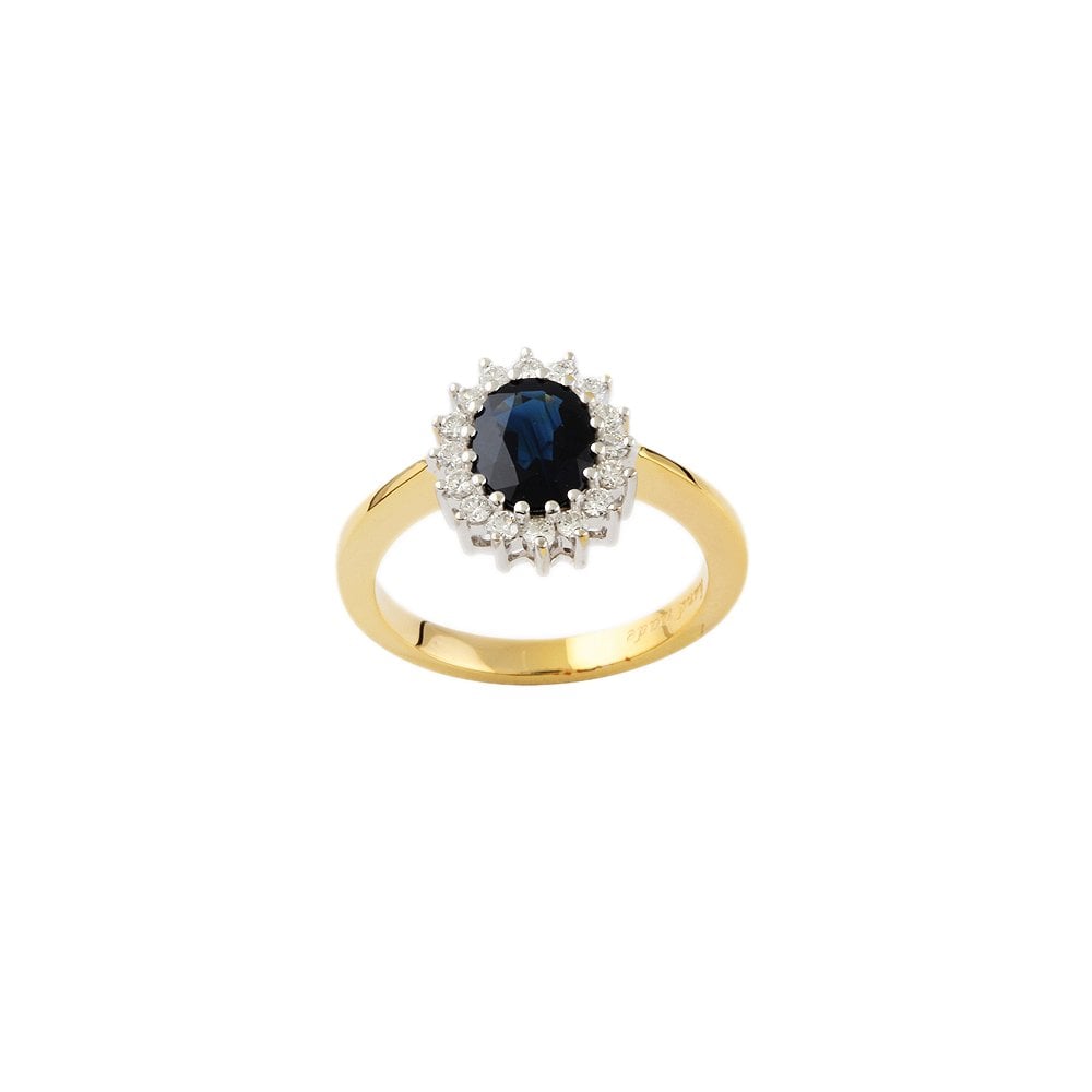 Yellow and White Gold 0.37ct Round Diamond and 1.89ct Oval Blue Sapphire Set Cluster Ring