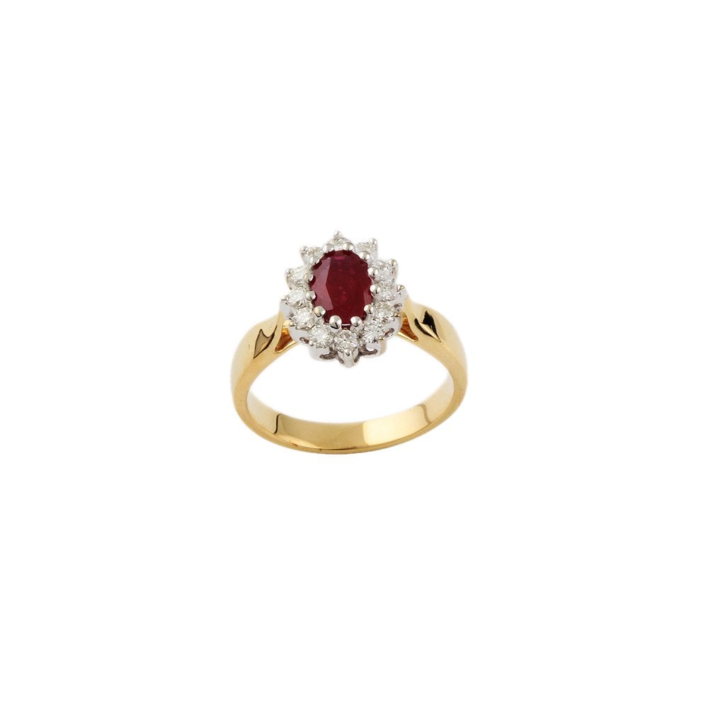 Yellow and White Gold 0.38ct Round Diamond and 0.94ct Oval Ruby Set Cluster Ring