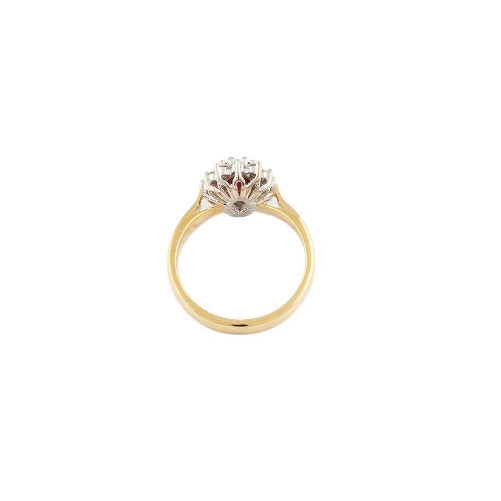 Yellow and White Gold 0.38ct Round Diamond and 0.94ct Oval Ruby Set Cluster Ring