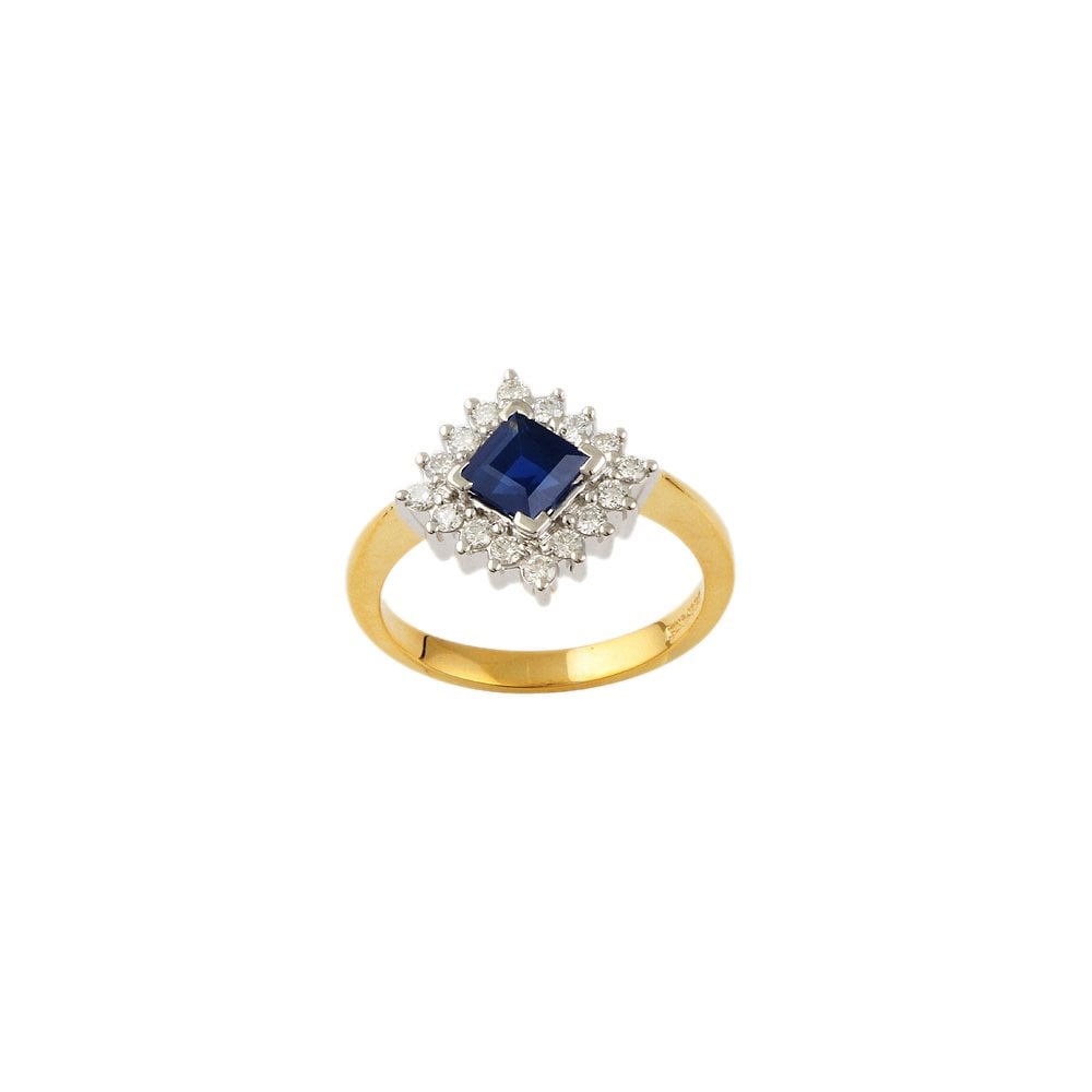 Yellow and White Gold 0.34ct Round Diamond and 1.15ct Square Blue Sapphire Set Cluster Ring