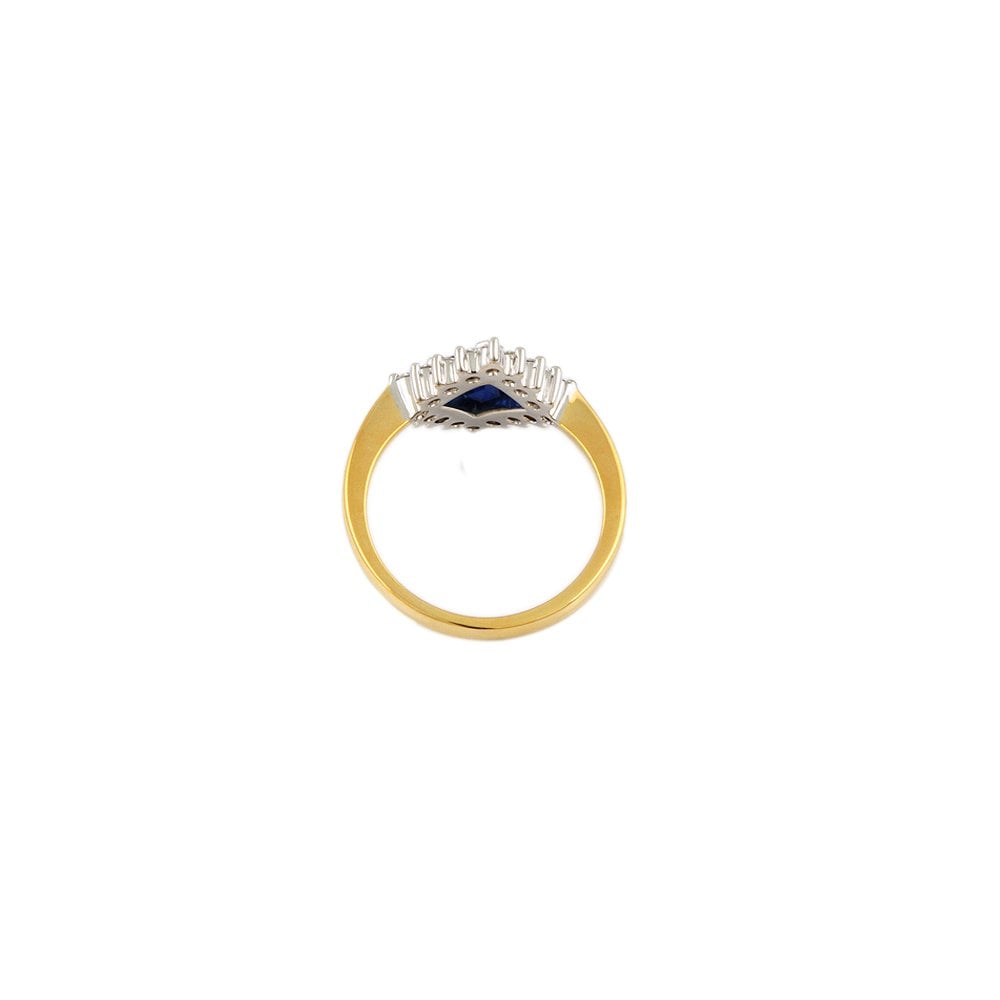 Yellow and White Gold 0.34ct Round Diamond and 1.15ct Square Blue Sapphire Set Cluster Ring