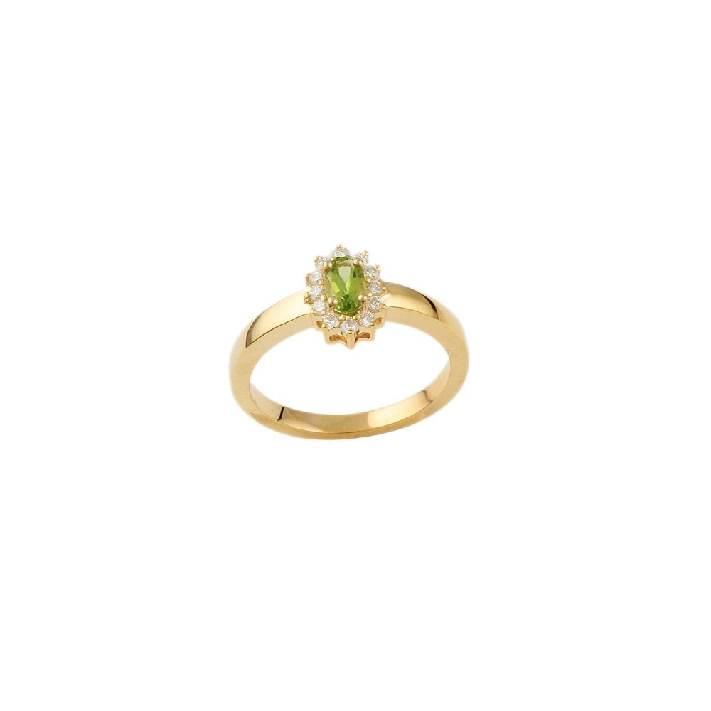 Yellow Gold 0.12ct Round Diamond and 0.26ct Oval Peridot Set Cluster Ring