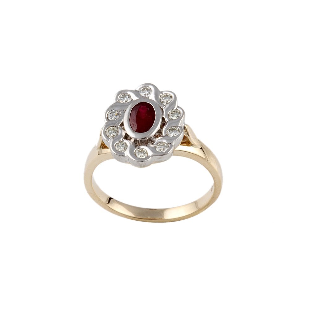Yellow and White Gold 0.30ct Round Diamond and 0.59ct Oval Ruby Set Cluster Ring