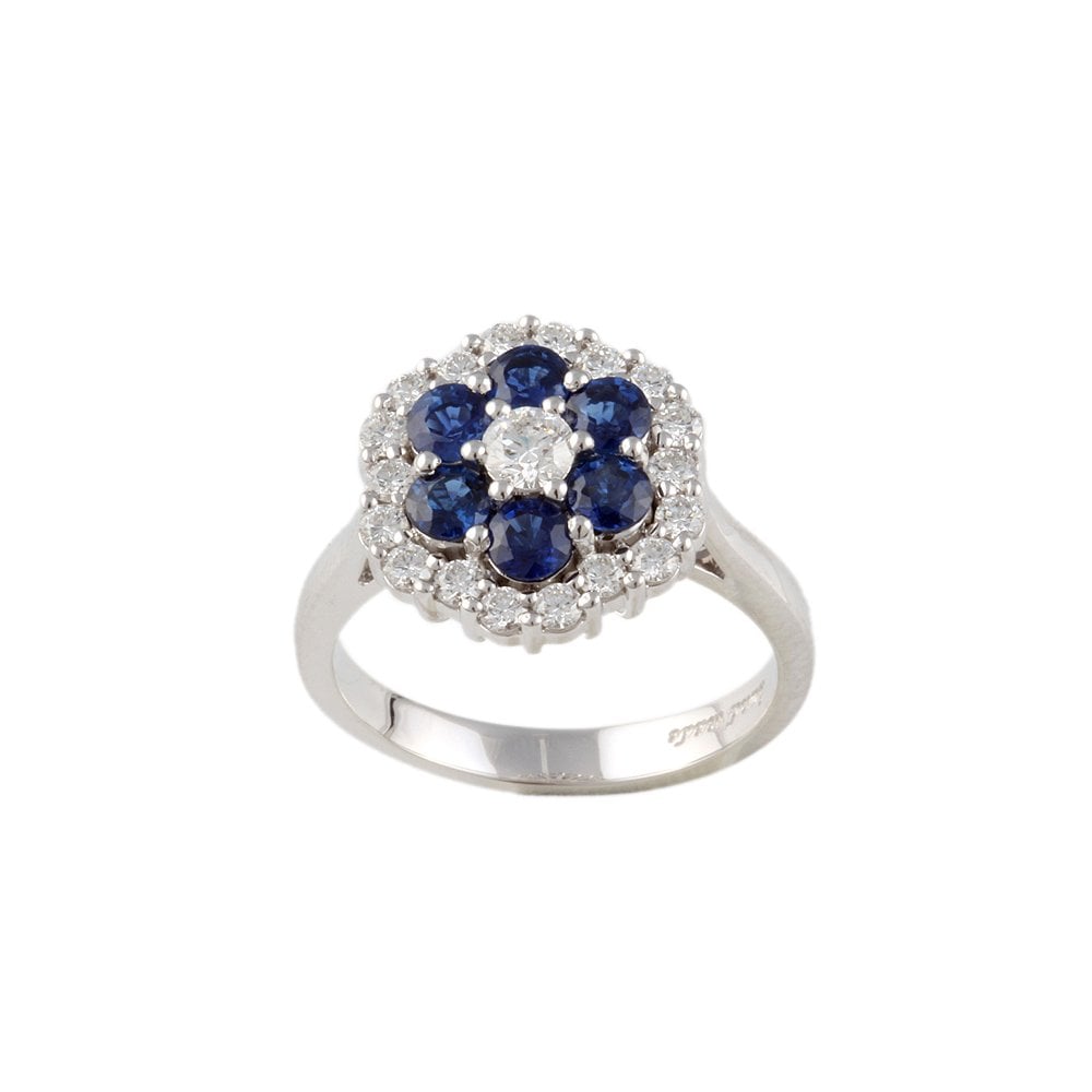 White Gold 0.63ct Round Diamond and 1.08ct Round Blue Sapphire Set Cluster Ring