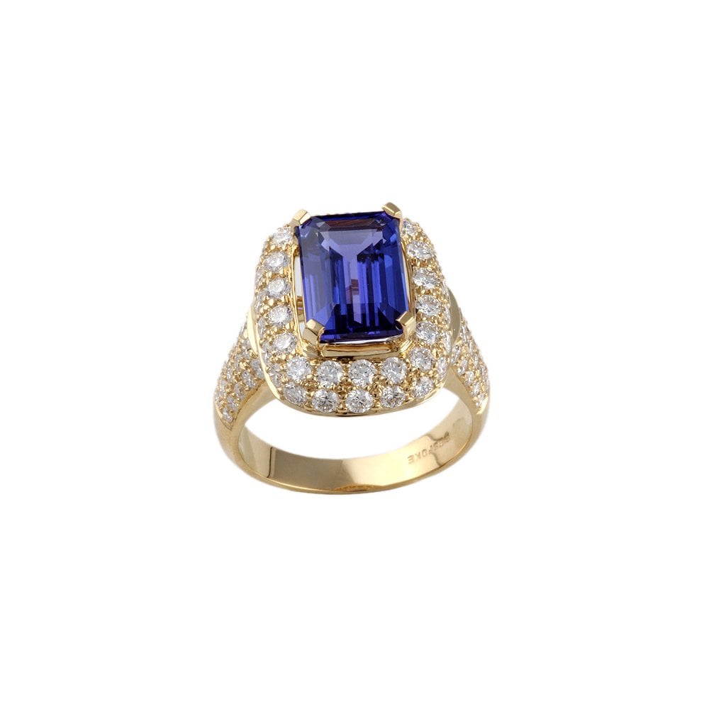 Yellow Gold 1.80ct Round Diamond and 4.09ct Emerald Shaped Blue Sapphire Set Cluster Ring