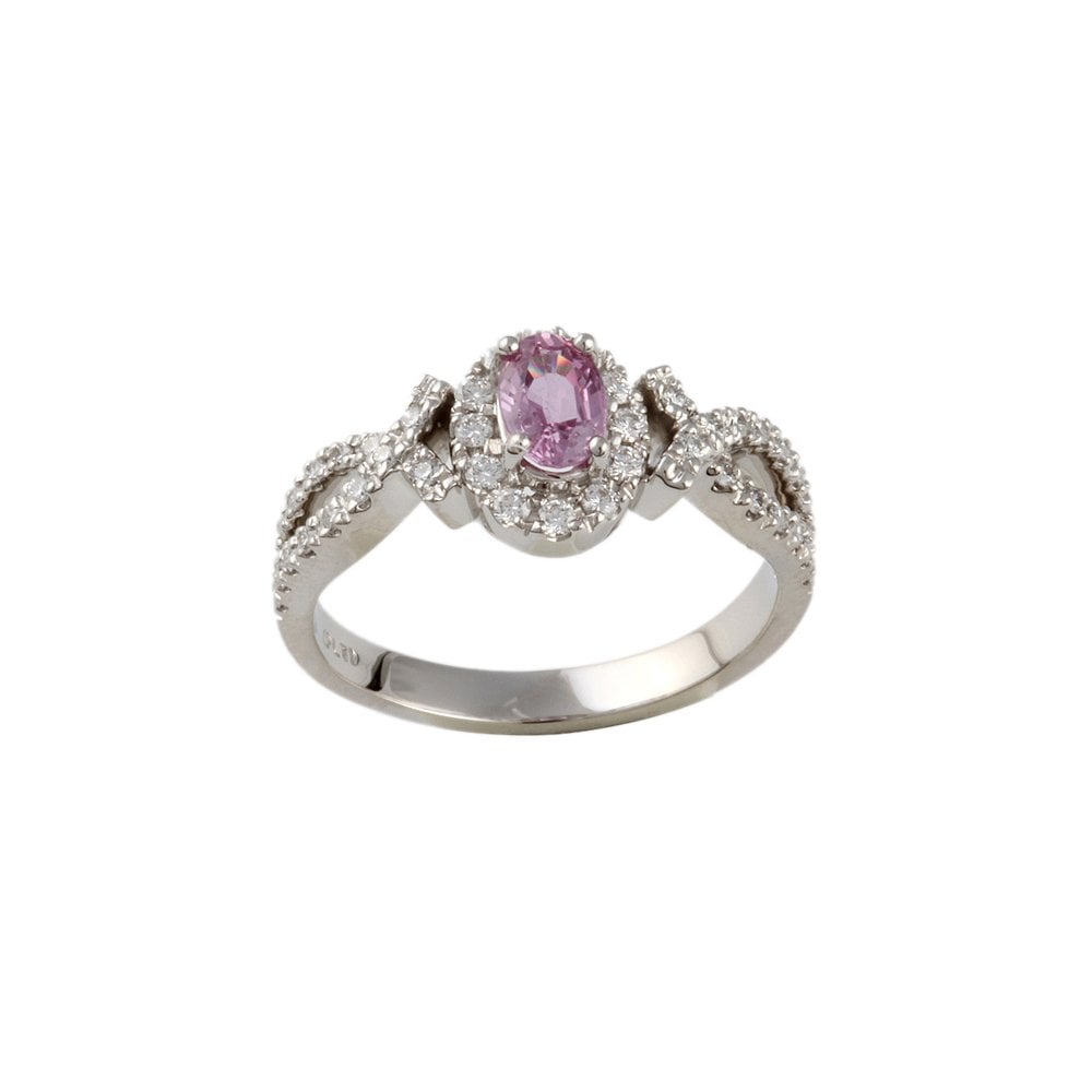 White Gold 0.32ct Round Diamond and 0.57ct Oval Pink Sapphire Set Cluster Ring