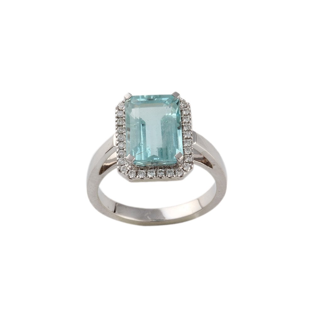 White Gold 0.20ct Round Diamond and 3.72ct Emerald cut Aquamarine Set Cluster Ring