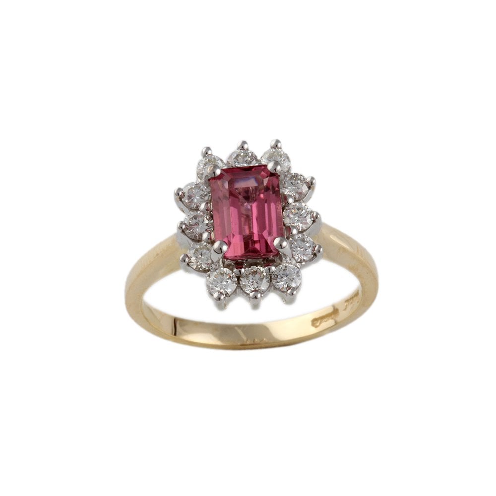 Yellow and White Gold 0.51ct Round Diamond and 1.28ct Emerald cut Pink Tourmaline Set Cluster Ring