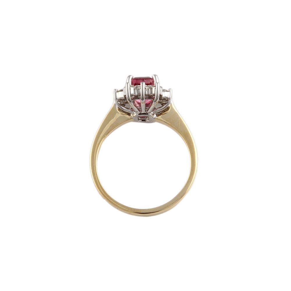 Yellow and White Gold 0.51ct Round Diamond and 1.28ct Emerald cut Pink Tourmaline Set Cluster Ring
