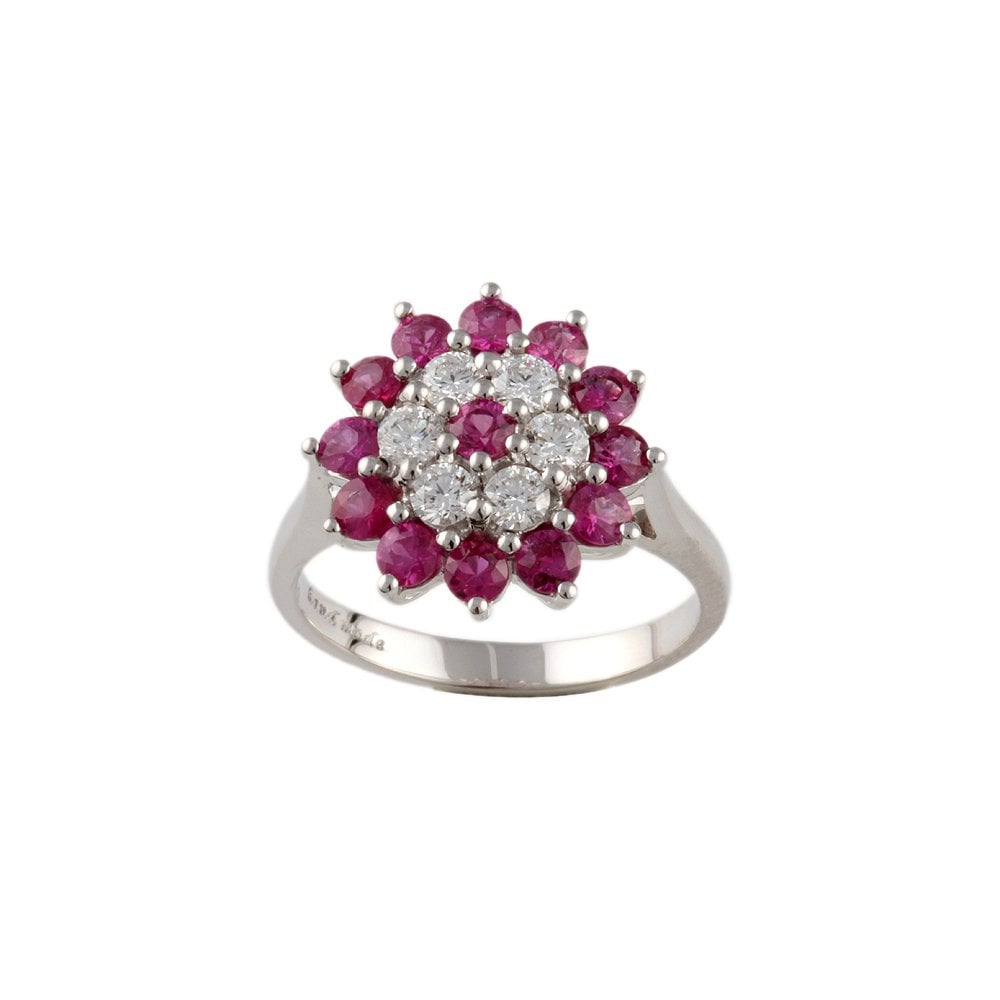 White Gold 0.51ct Round Diamond and 1.23ct Round Ruby Set Cluster Ring