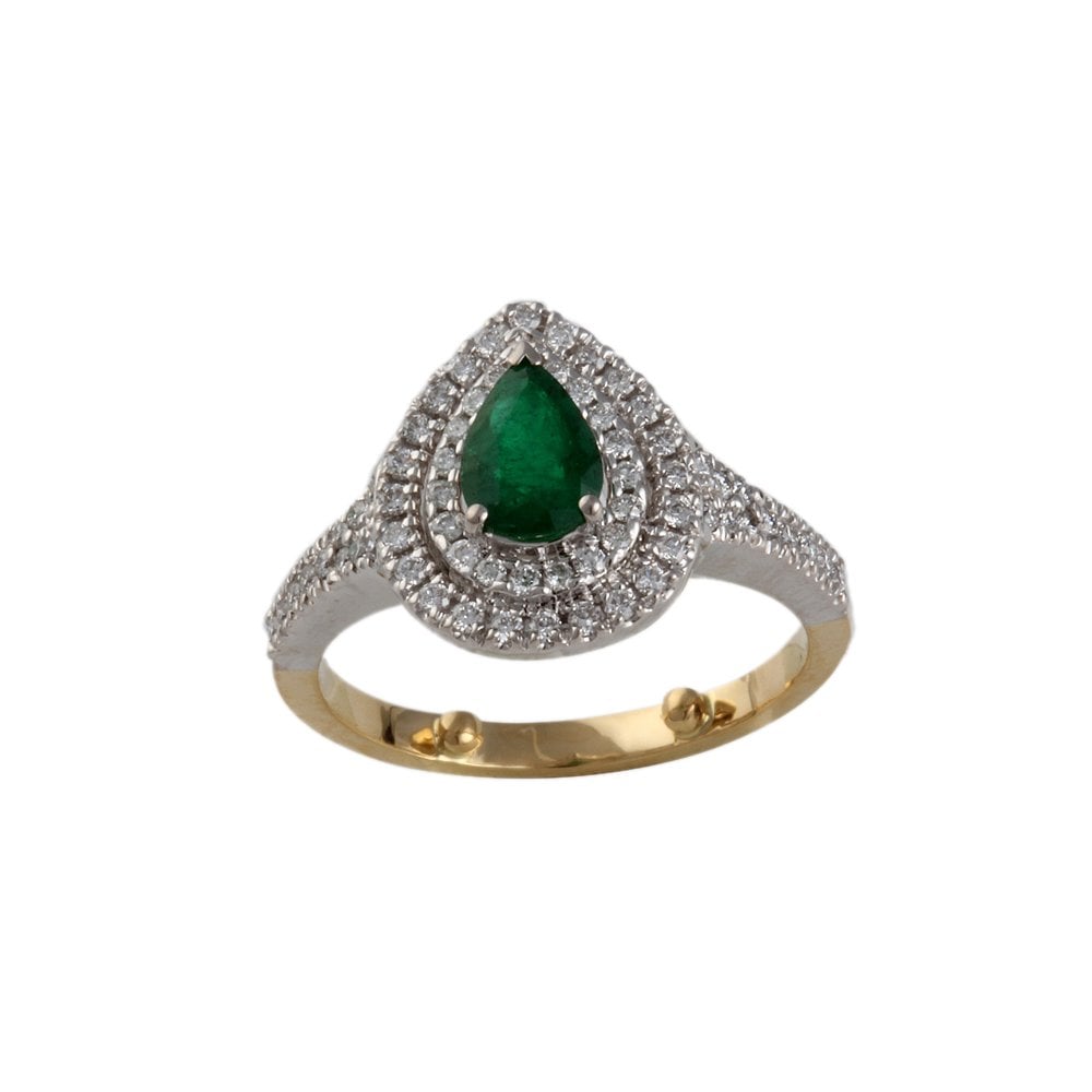 Yellow and White Gold 0.37ct Round Diamond and 0.52ct Pear Emerald Set Cluster Ring