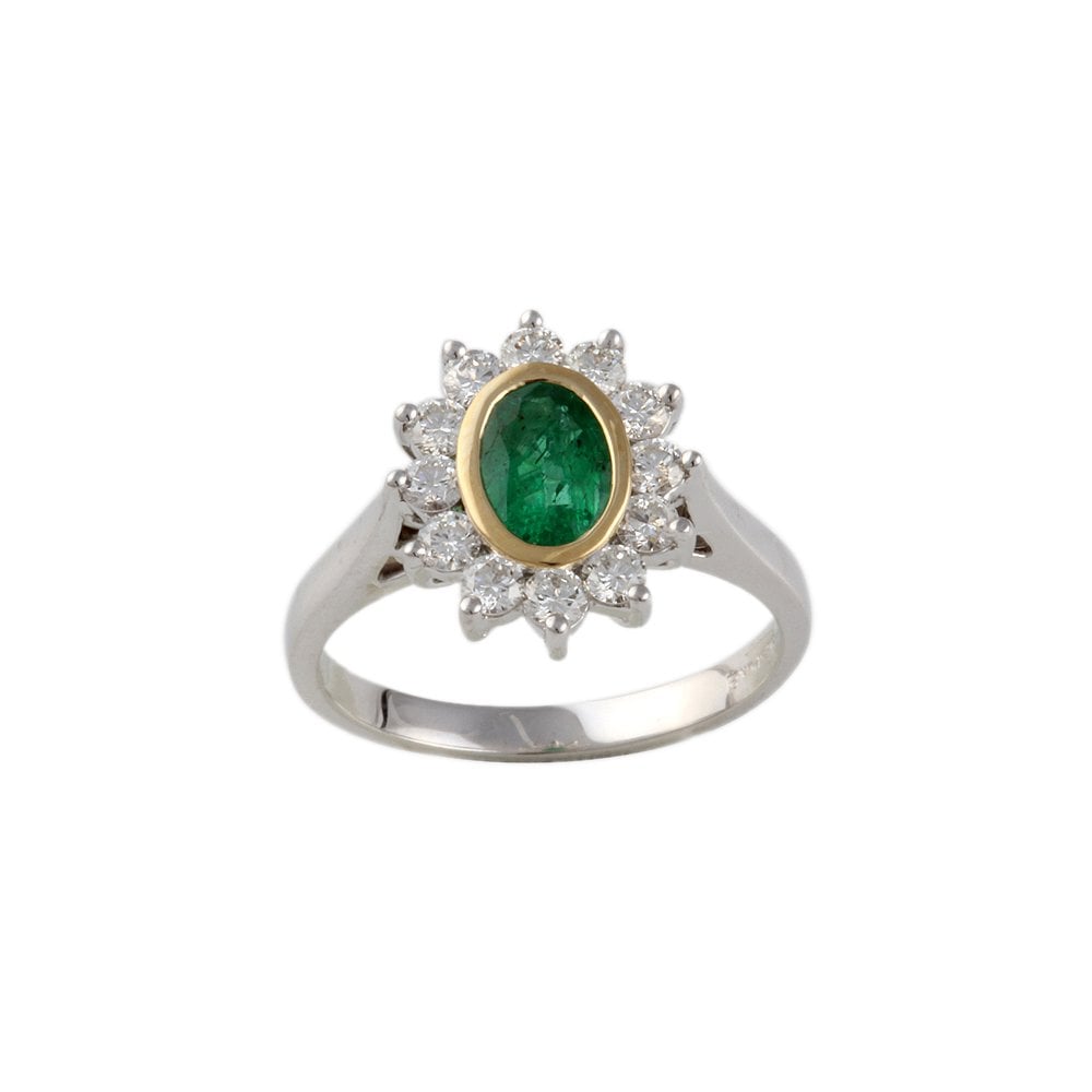 Yellow and White Gold 0.60ct Round Diamond and 0.68ct Oval Emerald Set Cluster Ring
