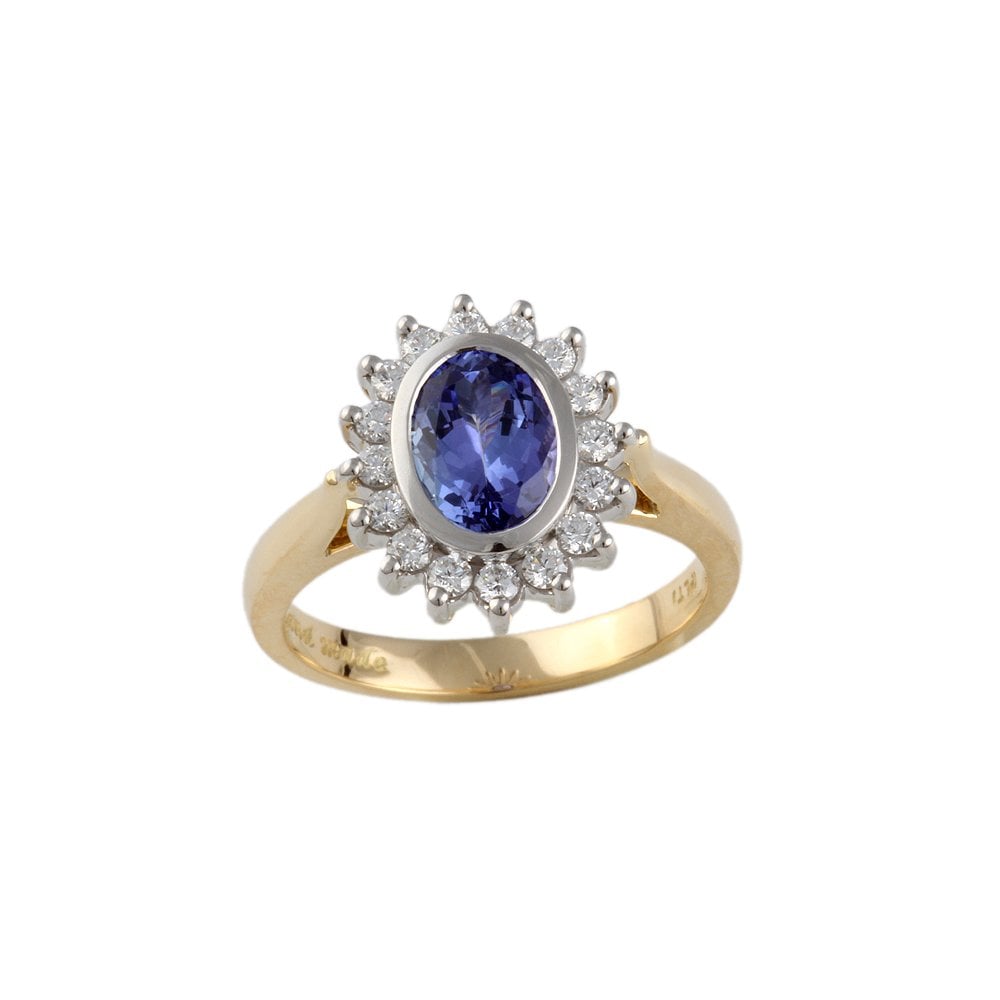 Yellow and White Gold 0.33ct Round Diamond and 1.28ct Oval Tanzanite Set Cluster Ring