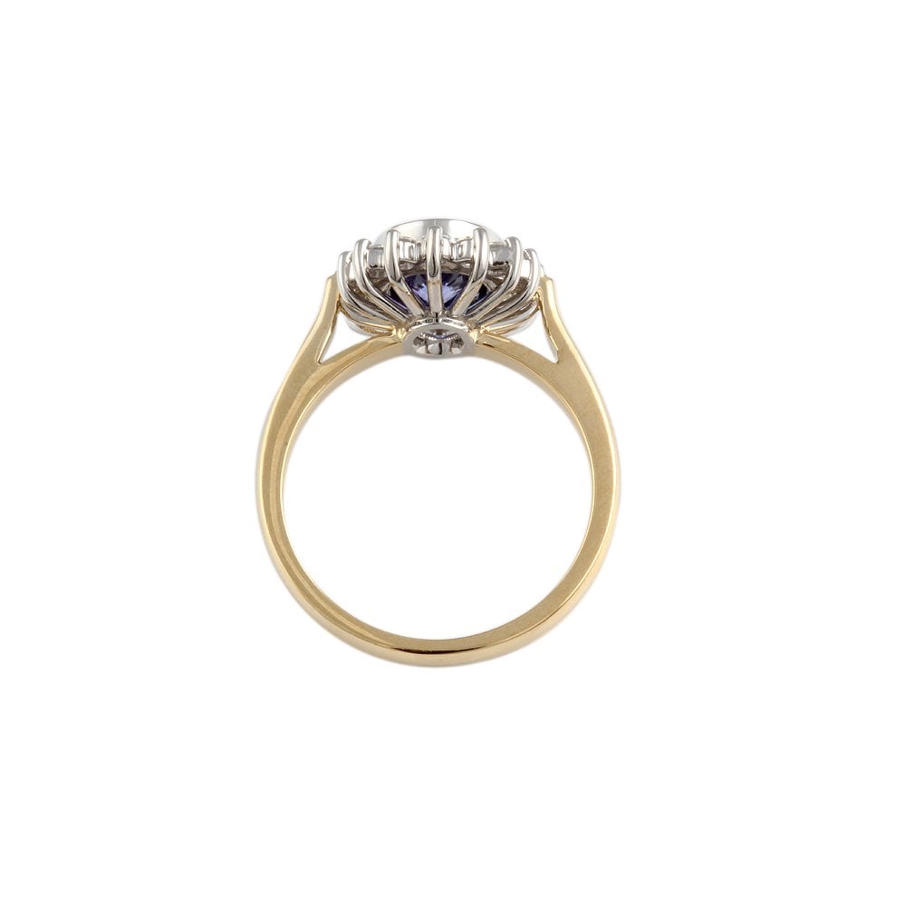 Yellow and White Gold 0.33ct Round Diamond and 1.28ct Oval Tanzanite Set Cluster Ring