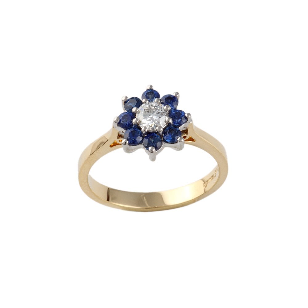 Yellow and White Gold 0.26ct Round Diamond and 0.27ct Round Blue Sapphire Set Cluster Ring