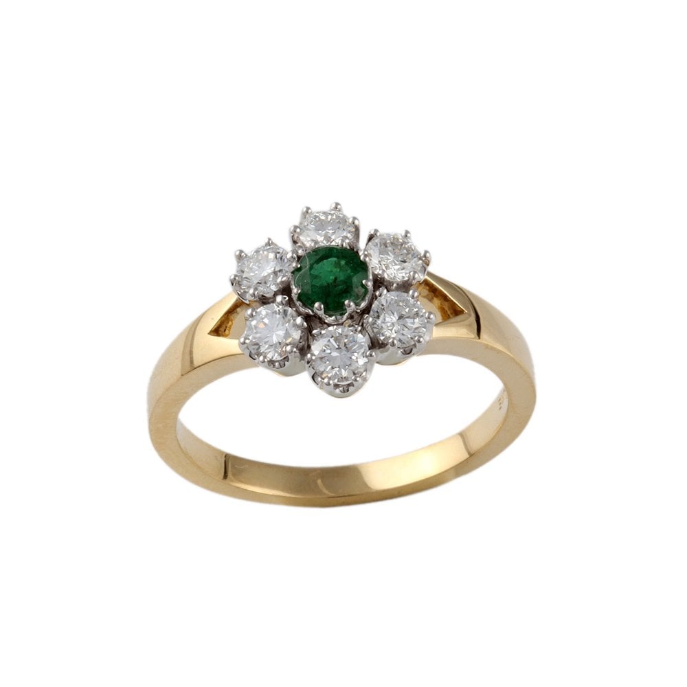 Yellow and White Gold 0.74ct Round Diamond and 0.28ct Round Emerald Set Cluster Ring