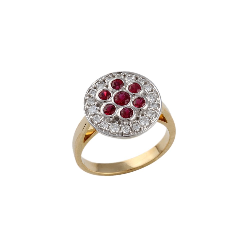 Yellow and White Gold 0.34ct Round Diamond and 0.54ct Round Ruby Set Cluster Ring