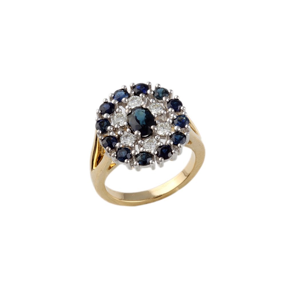 Yellow and White Gold 0.43ct Round Diamond and 1.78ct Round and Oval shaped Blue Sapphire Set Cluster Ring