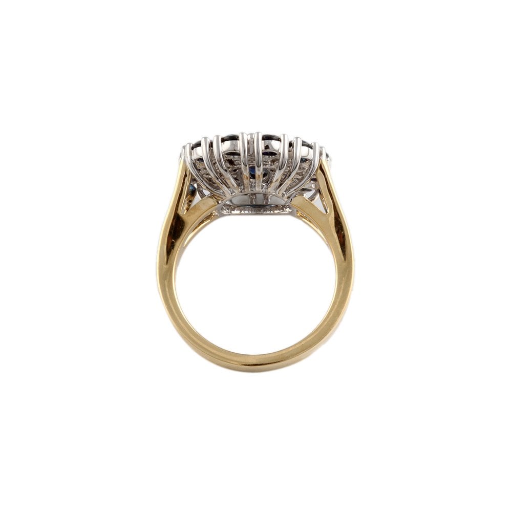 Yellow and White Gold 0.43ct Round Diamond and 1.78ct Round and Oval shaped Blue Sapphire Set Cluster Ring