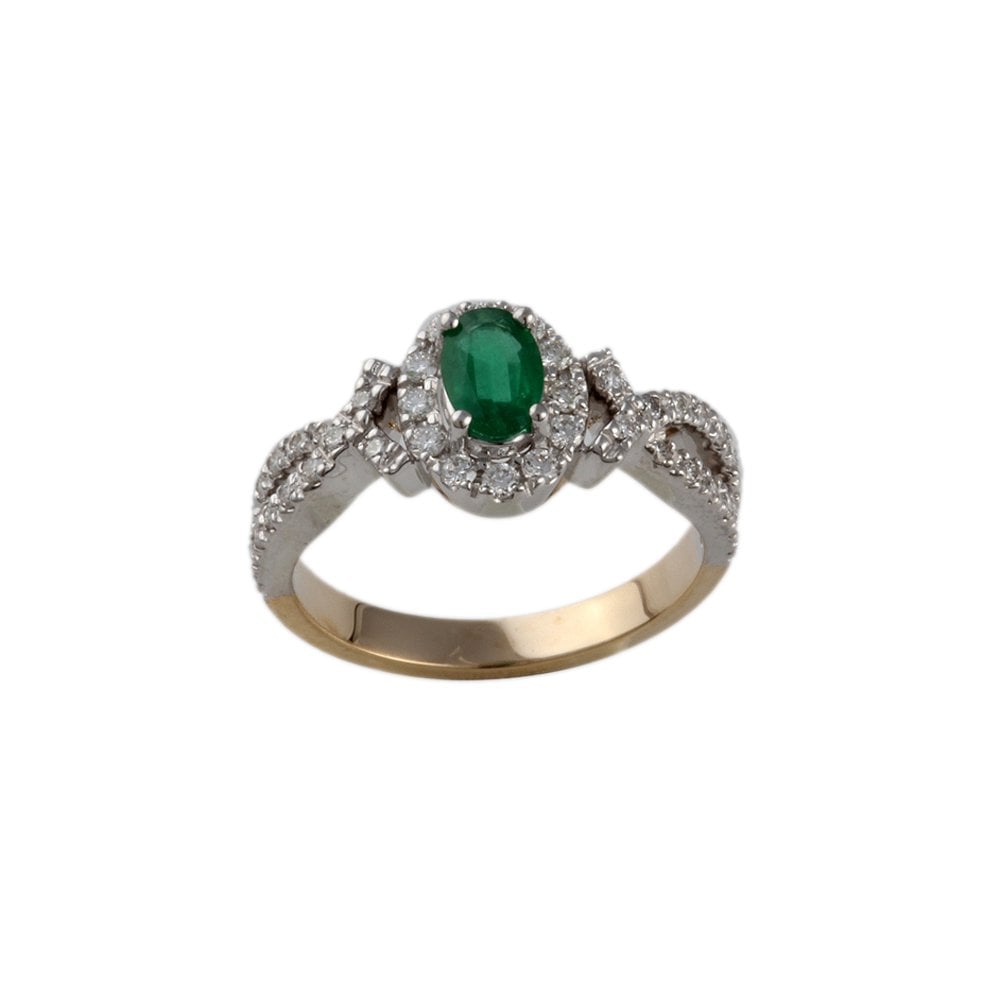 Yellow and White Gold 0.33ct Round Diamond and 0.32ct Oval Emerald Set Cluster Ring