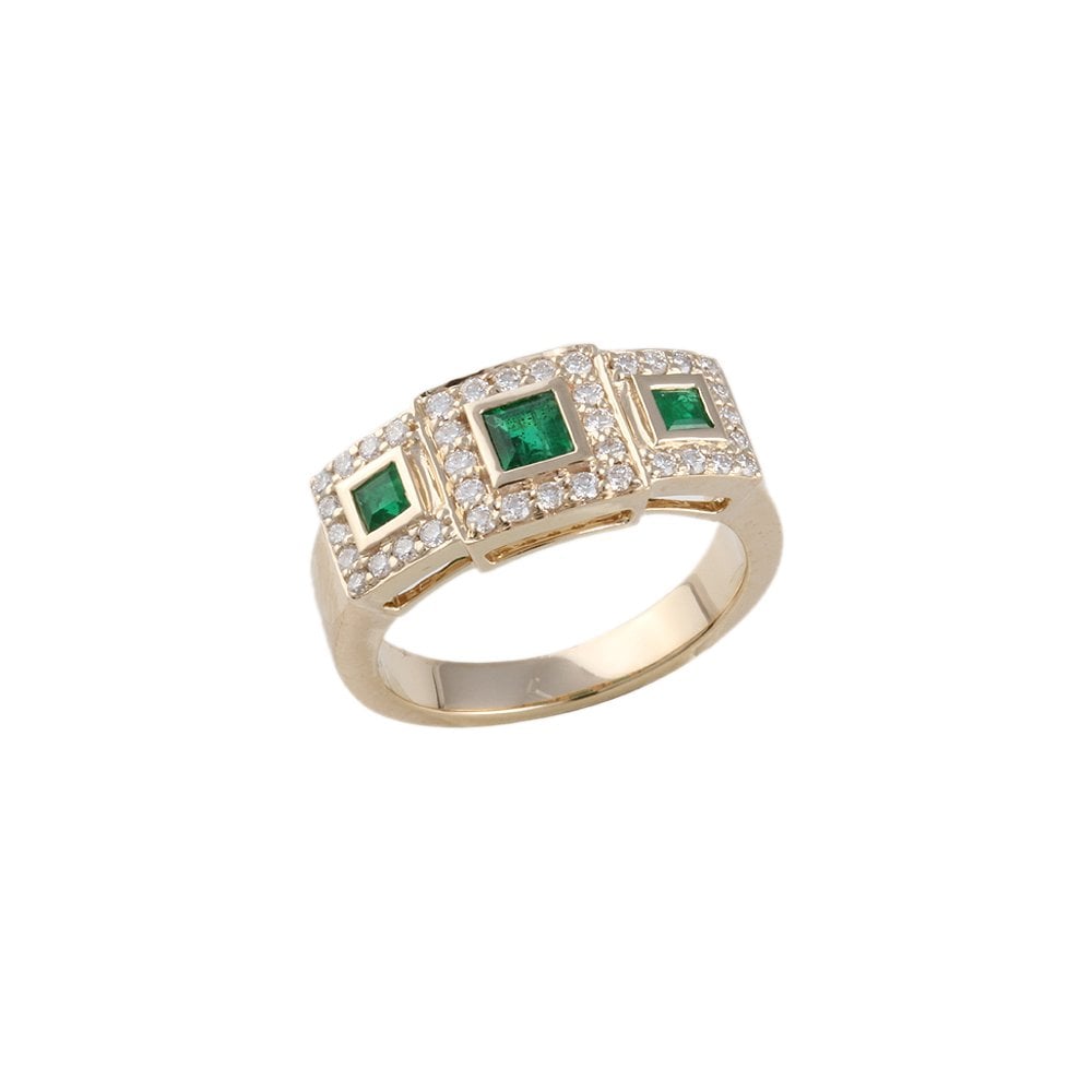 Yellow Gold 0.32ct Round Diamond  and Emerald shaped Emerald Set Cluster Ring