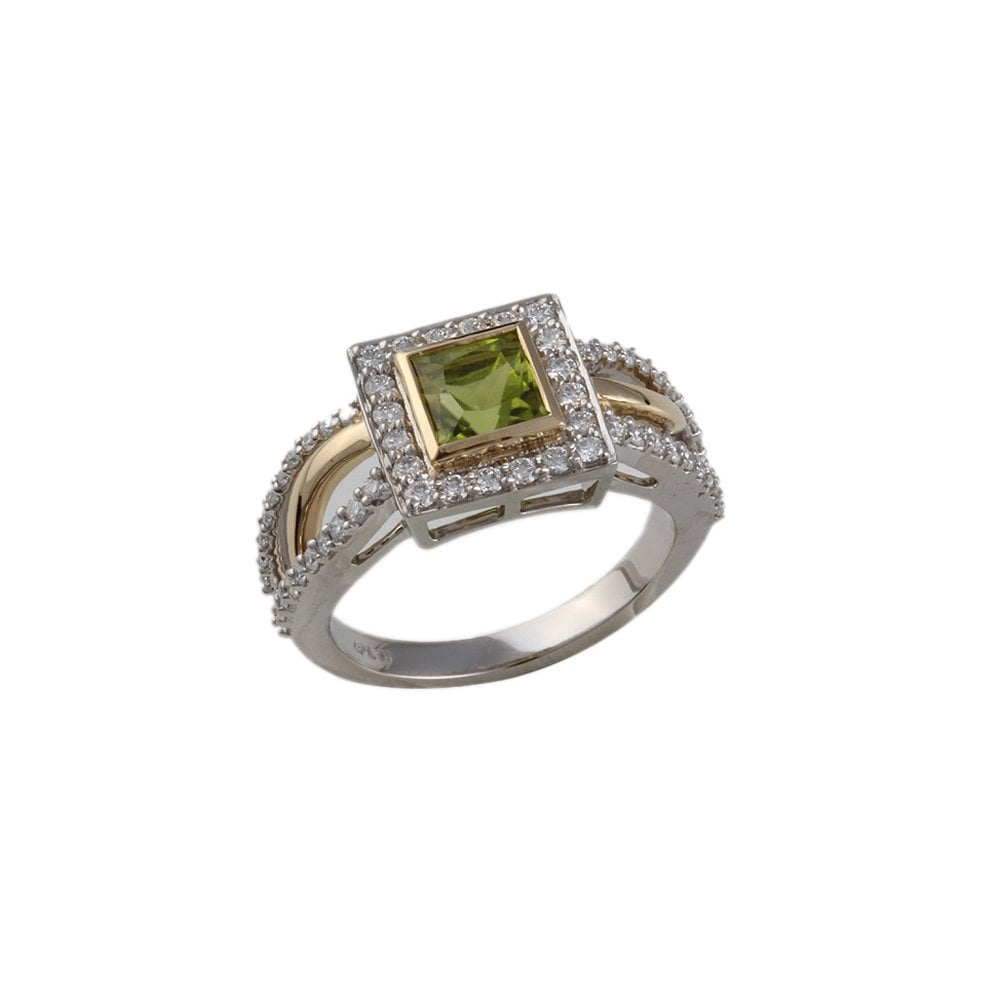 Yellow and White Gold 0.43ct Round Diamond and 1.15ct Square Peridot Set Cluster Ring